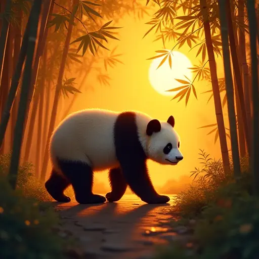 A panda wandering through a bamboo forest bathed in the warm golden hues of sunset, with the bamboo leaves casting intricate shadows.