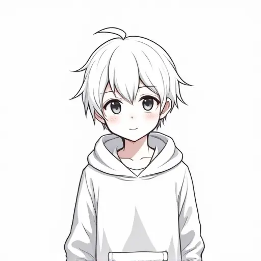 A boy with short hair, wearing a hoodie, drawn in minimalist lines with soft shading.