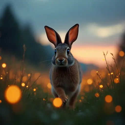 A rabbit hopping through a field at dusk, with fireflies glowing softly around it in the dim light.