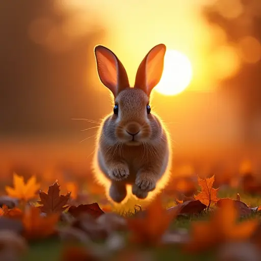 A rabbit hopping through a field of fallen leaves at sunset, the warm colors of the evening sky illuminating the soft, rustling leaves that blanket the ground.