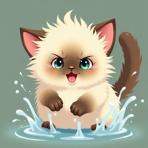 studio ghibli style of A birman cat playfully splashing water with its paws, showing a mischievous expression.