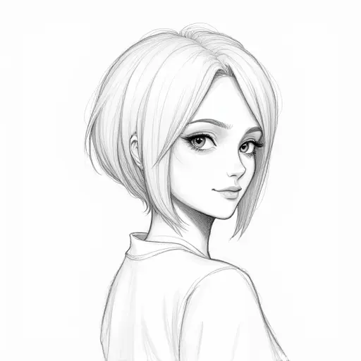 A girl with short, sleek hair and a calm expression, sketched in delicate lines with soft pencil shading.