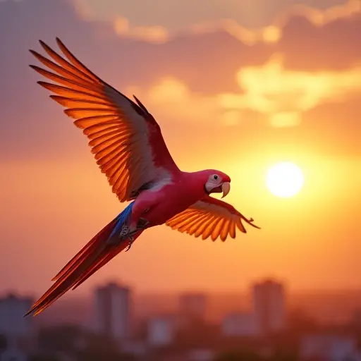 A vibrant parrot flying against a radiant sunrise sky, its feathers reflecting the hues of dawn—pink, orange, and gold.