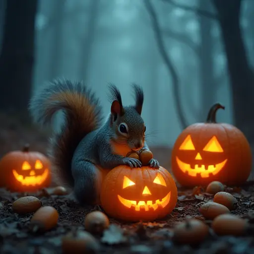 A squirrel collecting acorns and pumpkins in the woods on Halloween night, with a foggy atmosphere and glowing jack-o'-lanterns casting eerie shadows across the scene.