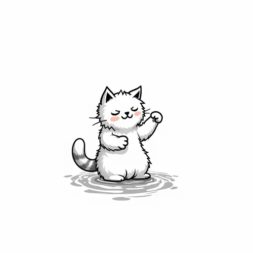 clean black and white hand-drawn outlines of A maine coon playfully splashing water with its paws, showing a mischievous expression.