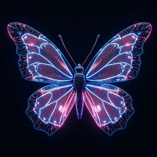 A butterfly with wings made of high-tech circuit boards and conductive materials. The wings emit neon light and pulse with energy, as if powered by an unseen electronic source, fluttering with precision and grace.