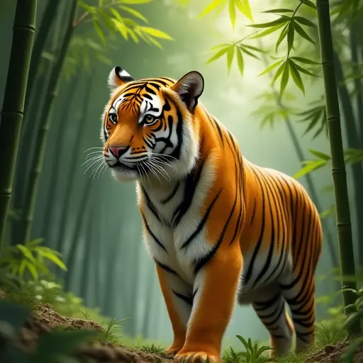 A tiger standing in a bamboo forest, its fur lightly ruffled by a summer breeze, illuminated by dappled sunlight.