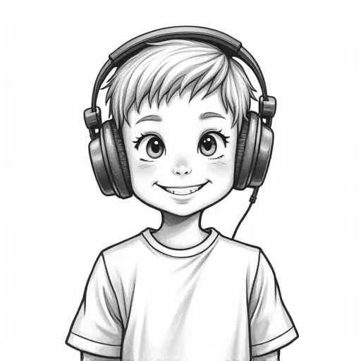 A boy with headphones, smiling, drawn in simple lines with soft pencil shading.