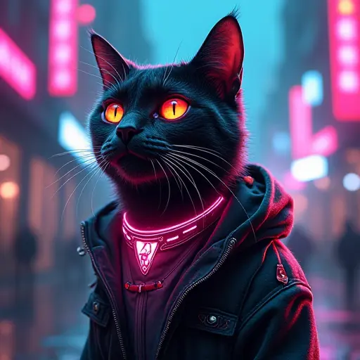 A cat in a cyberpunk style, featuring neon lights, digital tattoos, and a gritty futuristic city background.