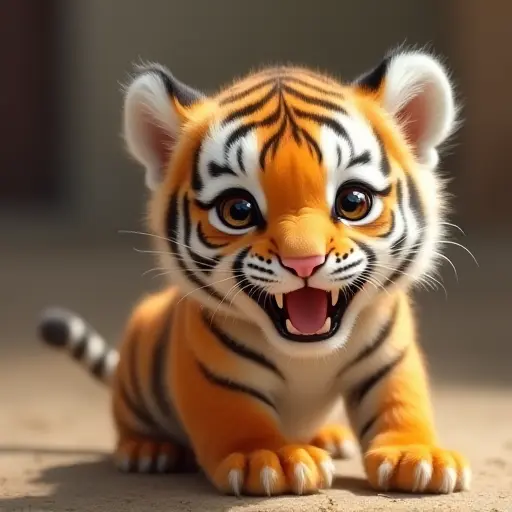 Playful tiger cub with bright orange fur, large eyes, and a curious expression.