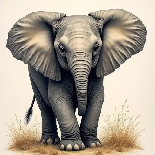 pointillism painting of a baby elephant from the front view