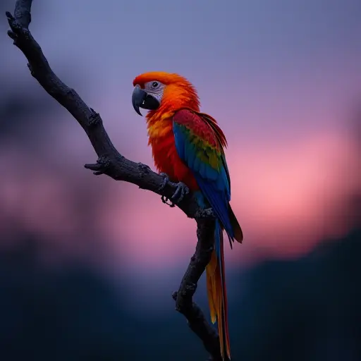 A parrot perched on a twisted branch at dusk, its feathers glowing faintly in shades of orange and purple, blending with the twilight sky.