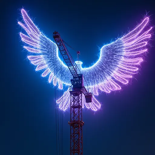 A crane with wings made of electric currents, glowing with neon blue and purple light, creating a dynamic and powerful image.