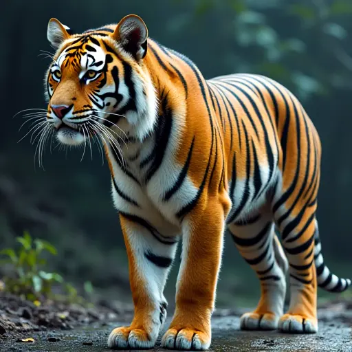 A tiger with body parts transitioning between organic and digital forms, representing the merging of the natural and virtual worlds.