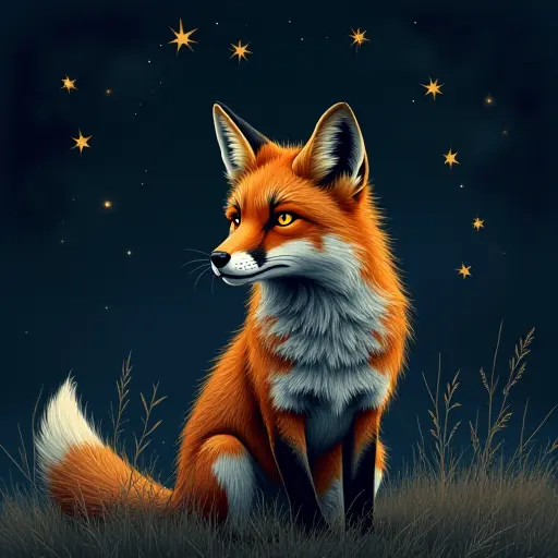 A fox under the stars, drawn in a dark, moody sketch style with glowing yellow eyes.