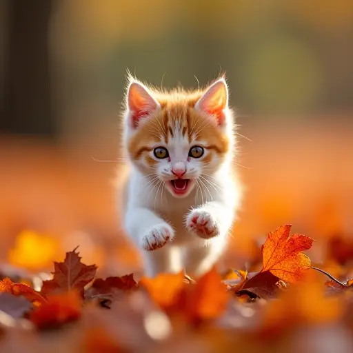 A kitten pouncing playfully through a field of bright orange and red autumn leaves, its tiny paws kicking up the vibrant leaves as it leaps around joyfully.