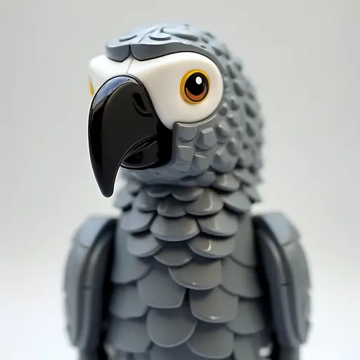 LEGO style of a african grey parrot from the front view