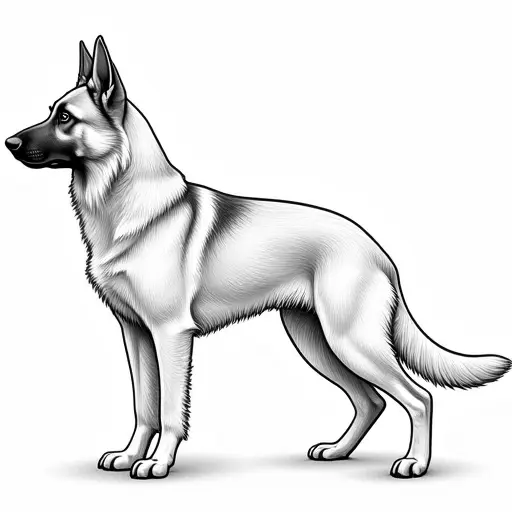 clean black and white hand-drawn outlines of a german shepherd from the side view