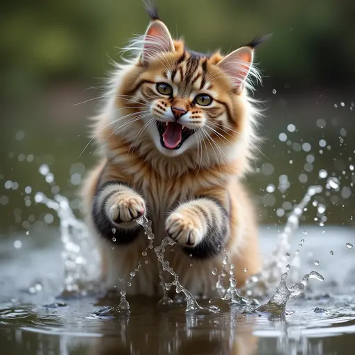 hd photo of A norwegian forest cat playfully splashing water with its paws, showing a mischievous expression.