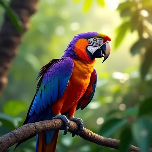 A parrot with vibrant purple, orange, and blue feathers, perched on a branch in a tropical rainforest, surrounded by lush greenery and soft sunlight.