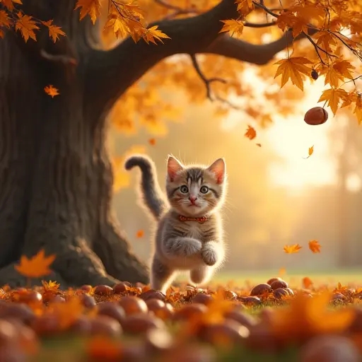 A kitten playing under the branches of a giant oak tree, surrounded by falling acorns and autumn leaves, while the breeze stirs the leaves, creating a lively and playful atmosphere.