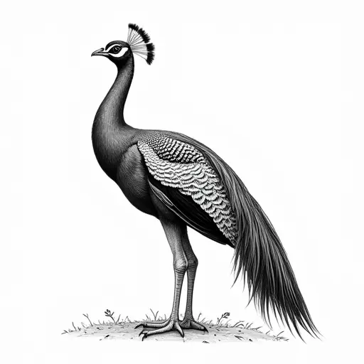 black and white simple line drawing of Green Peafowl