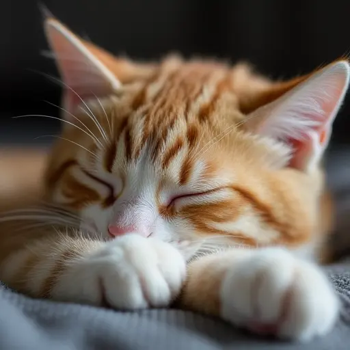 Sleeping cat with curled-up paws, soft breathing, and peaceful expression.