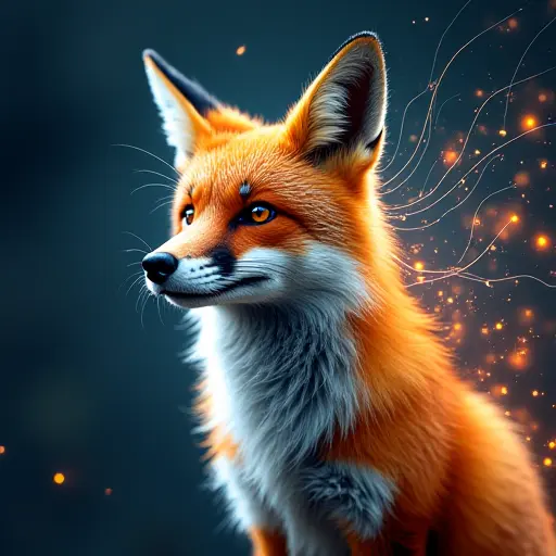 A fox avatar with digital ears transmitting sound waves, surrounded by flowing circuits and virtual particles.