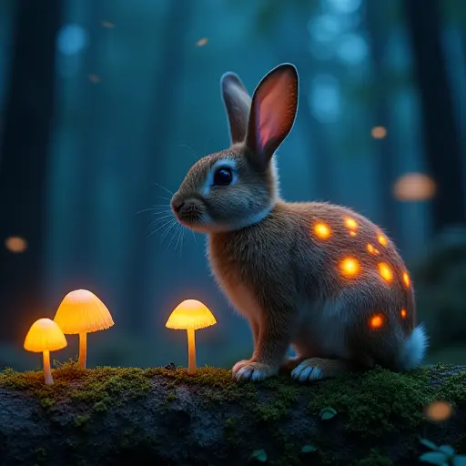 A rabbit with glowing patterns on its fur, sitting on a moss-covered log in a dark forest illuminated by bioluminescent mushrooms.