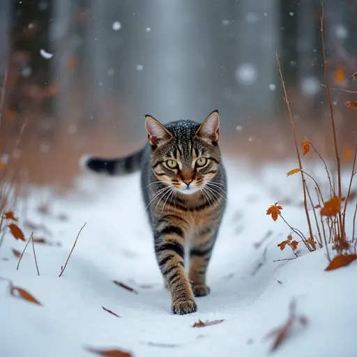 A cat walking slowly through the first snowfall of autumn, with its paws leaving prints in the soft snow, surrounded by the last of the autumn leaves clinging to the branches, and the forest filled with the hush of falling snow.