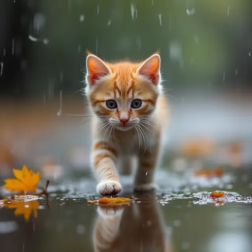 A kitten walking through a puddle in the rain, with its reflection clearly visible in the water, and droplets falling from the autumn leaves above, creating a calm and rainy atmosphere.