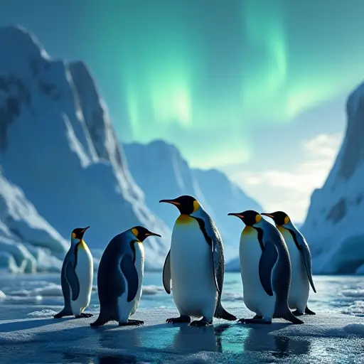 A group of penguins standing on icy terrain, surrounded by towering glaciers and a glowing aurora in the background.