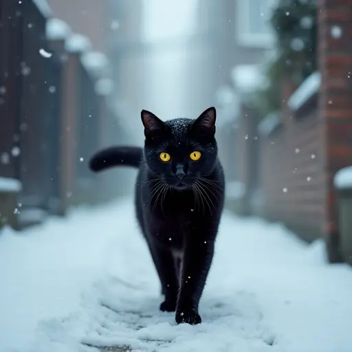 A black cat walking gracefully through a snowy alley, its yellow eyes glowing faintly as snowflakes fall around it.