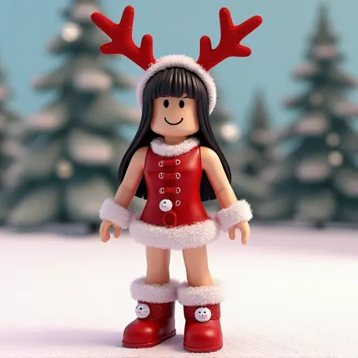 Make your Roblox avatar shine with Christmas cheer! This free downloadable Christmas girl avatar features an adorable reindeer headband, a red leather skirt, and sleek black straight hair, all set against a twinkling Christmas tree background. The cute plush trim adds a festive touch, making her look playful and full of holiday spirit. Whether you're looking for a personalized avatar for the Christmas season in Roblox, or want to spread festive vibes on social media, this 3D avatar will definitely make you the center of attention. Free to download, grab this Christmas girl avatar now and add a dash of holiday fun and personality!