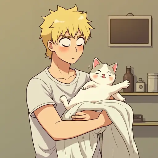 The owner gently dries the kitten with a towel, which lazily rests in their arms, using Studio Ghibli style.