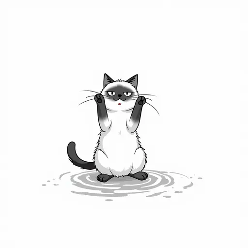 clean black and white hand-drawn outlines of A birman cat playfully splashing water with its paws, showing a mischievous expression.