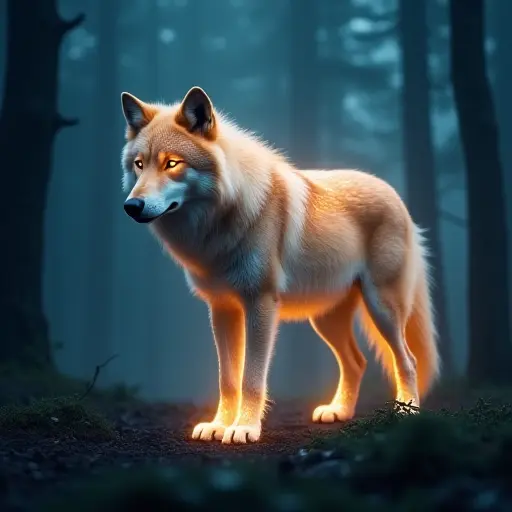 A glowing wolf with ethereal light emanating from its fur, standing in a shadowy forest surrounded by mist.