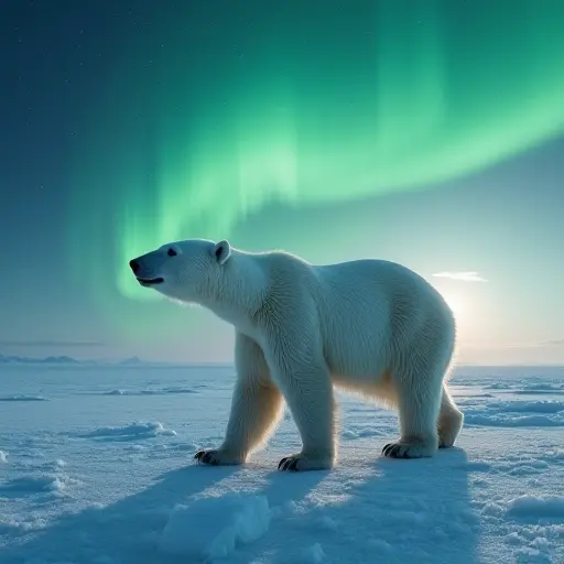 A polar bear walking across a frozen tundra, with its fur catching the glimmer of icy crystals in the air under a faint green aurora.