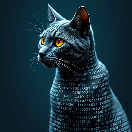 A cat avatar with a body wrapped in encrypted code patterns, highlighting digital security and privacy themes.