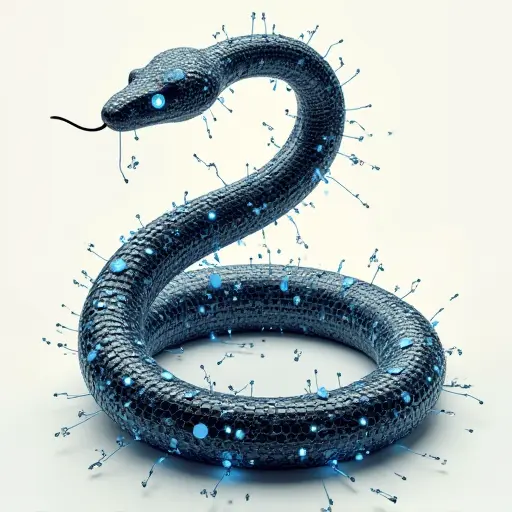 A snake composed of digital code and geometric shapes, its body constantly shifting in appearance as the code reorganizes. The snake moves fluidly, with its form constantly morphing in response to its environment.