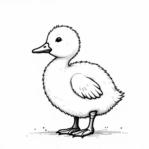 black and white simple line drawing of a baby duck from the side view