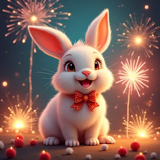 A cute rabbit surrounded by colorful fireworks and exploding firecrackers, celebrating the New Year with festive joy and excitement.