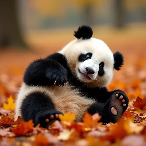 A panda playfully rolling through a pile of fallen autumn leaves, its black and white fur blending with the golden and red tones of the leaves, as the wind gently blows more leaves around it.