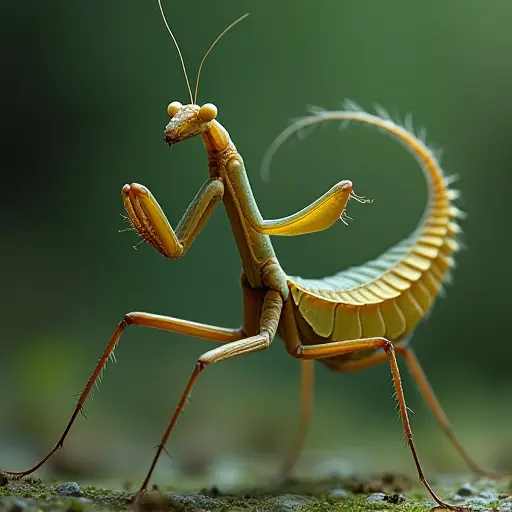 A mantis in a dynamic, spinning motion, with elongated limbs forming elegant spirals in the air.