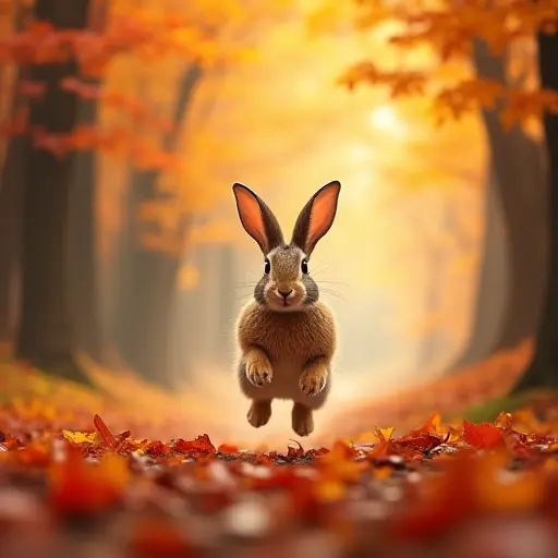 A rabbit hopping through a forest full of vibrant autumn leaves, the ground covered with a soft carpet of fallen red and yellow leaves, and the air cool and crisp, bringing out the colors of the trees.