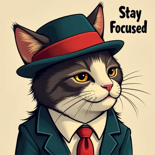 cat, hat, slogan Stay Focused, digital art style