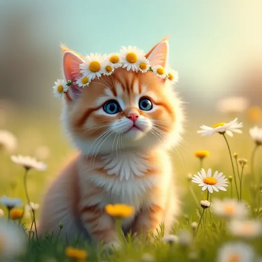 A fluffy cat wearing a flower crown made of daisies, sitting in a meadow full of blooming flowers, as the first signs of spring create a fresh and colorful holiday vibe.