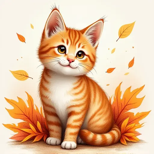 A cat surrounded by autumn leaves, sketched with warm oranges and browns in soft pencil strokes.