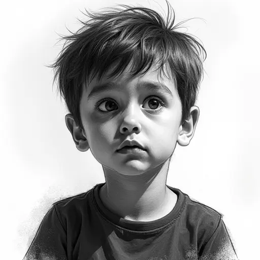 A boy with a dramatic contrast in light and dark tones, sketched in bold pencil strokes with strong shading.