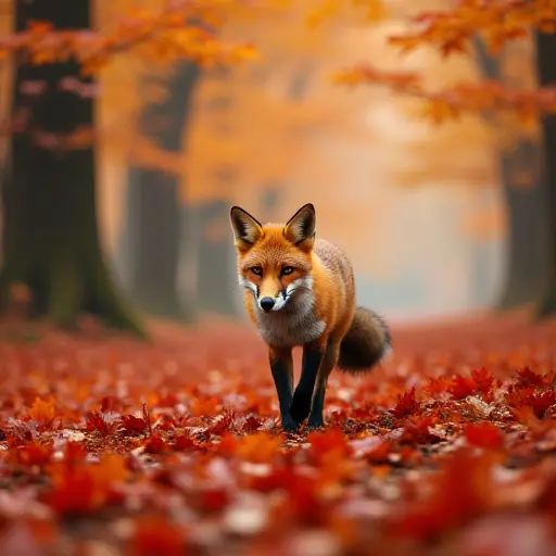 A fox walking through a forest carpeted with vibrant red and orange maple leaves, its tail brushing up a swirl of leaves in the crisp autumn air.